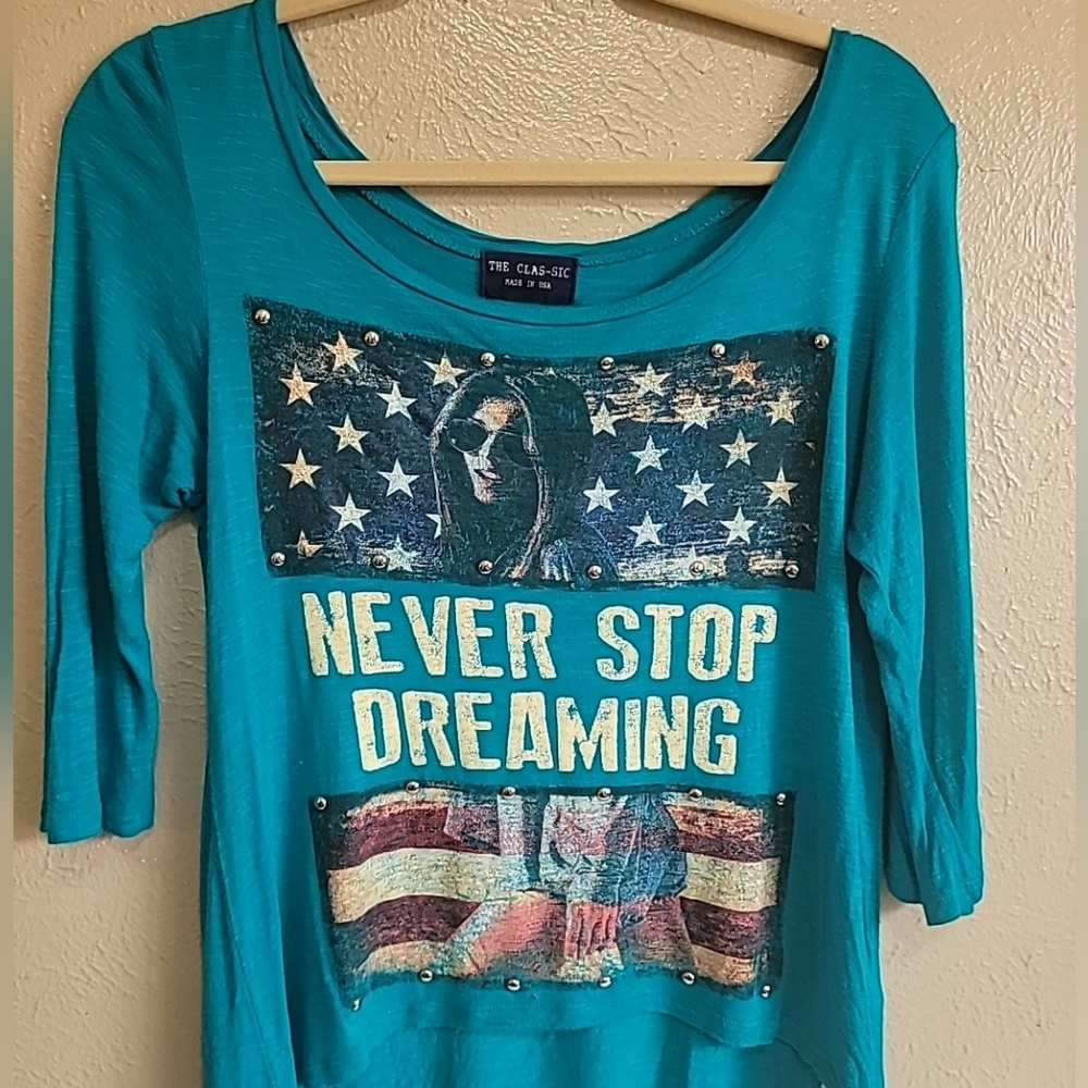 Y2K turquoise blue Top Never Stop Dreaming Patriotic Flag Size S‎ 4th of July